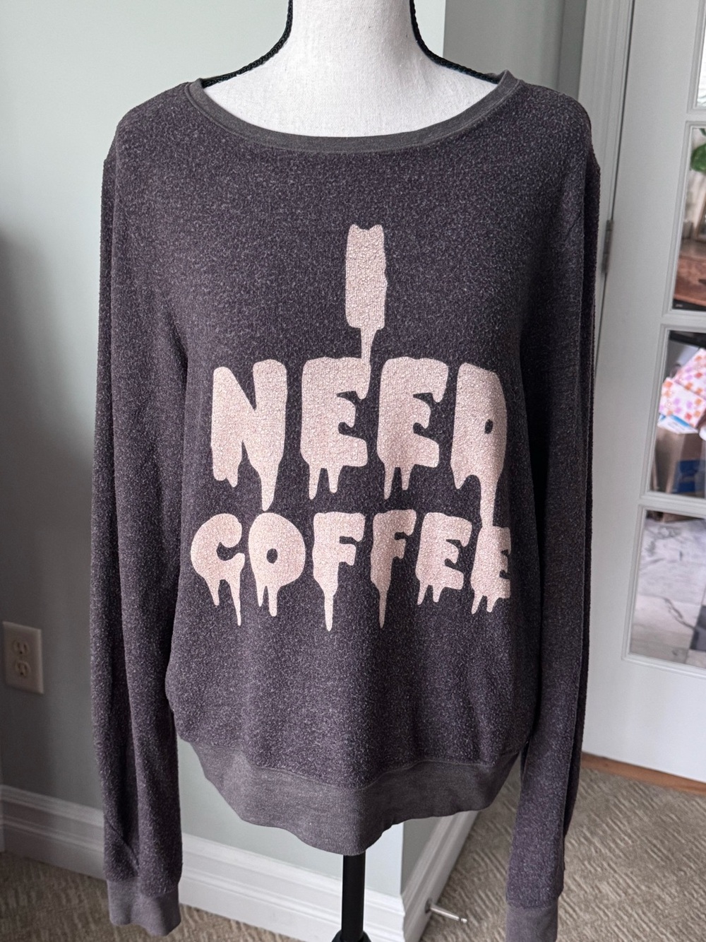 Wildfox "I Need Coffee" baggy graphic knit sweatshirt M brown fuzzy cozy comfy